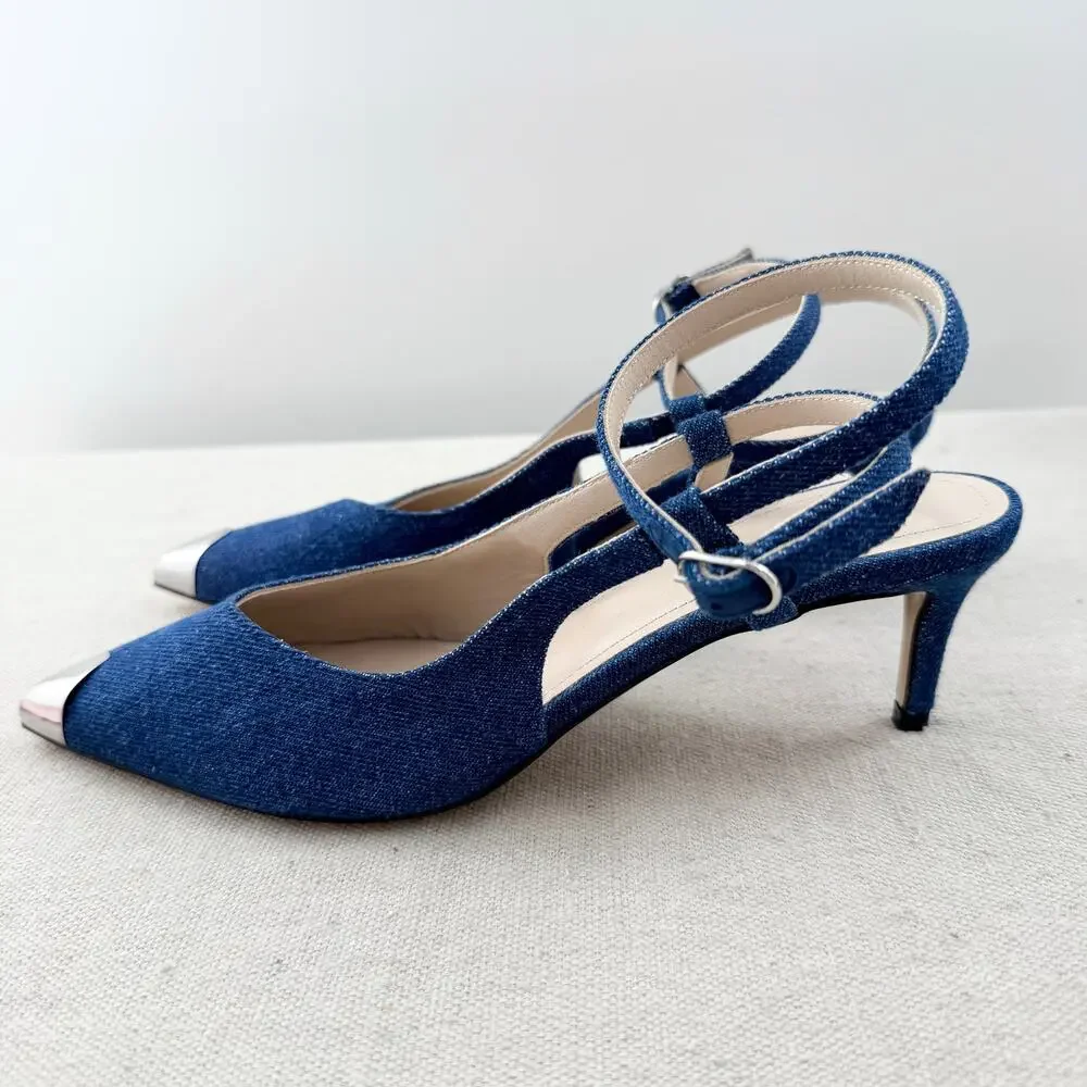 NWOT IRO Paris Denim Cap Toe Mid-Heel Slingback Sandals Blue Silver Womens EU 37
